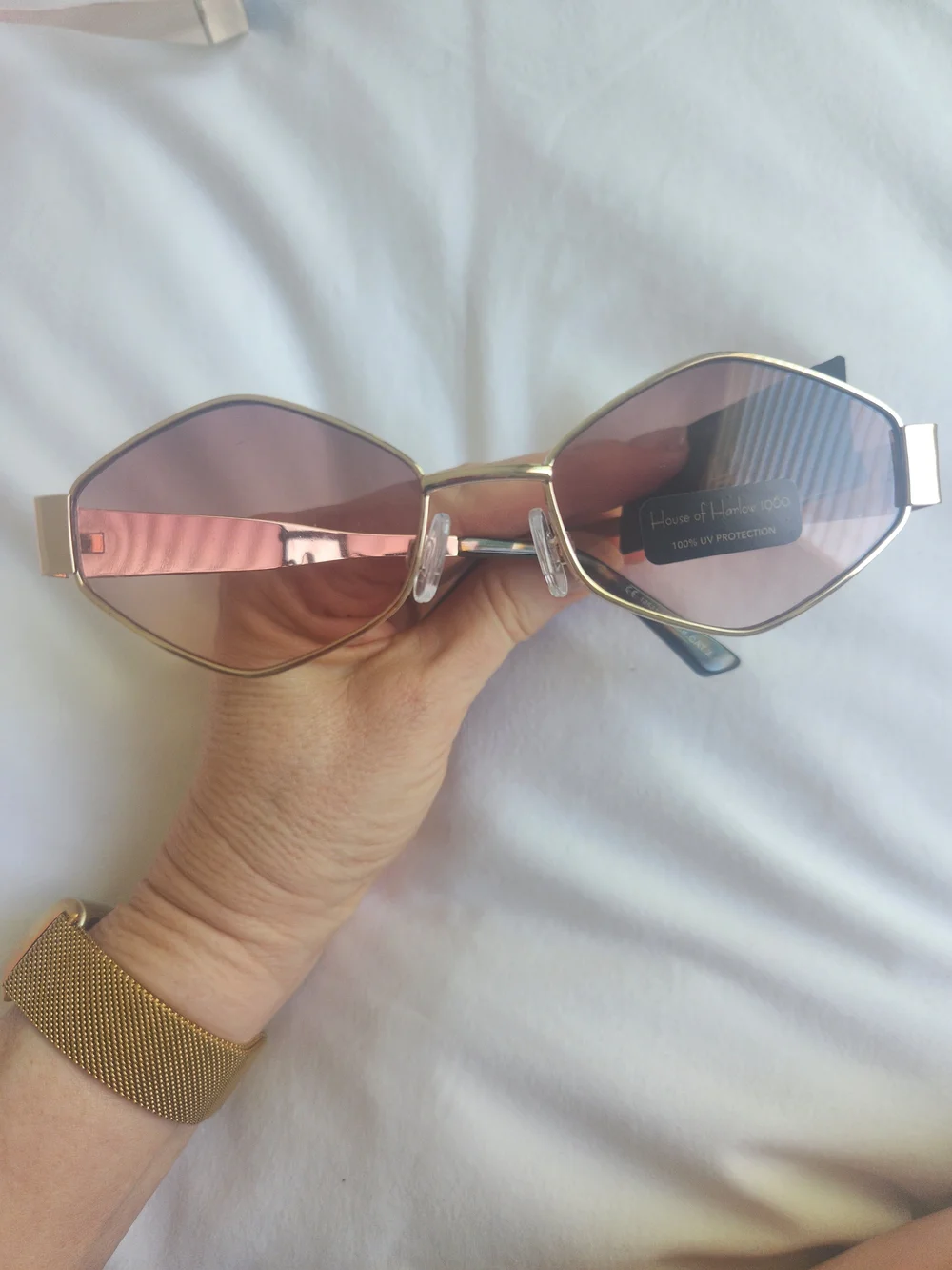 House Of Harlow 1960 Rose Gold Metal Geometric Sunglasses Pink Lenses Y2K